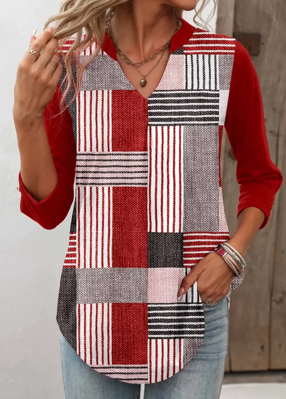 Wine Red Geometric Print T Shirt