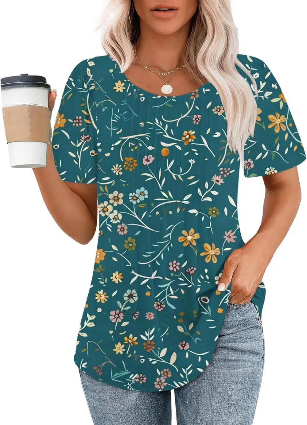 Womens Summer Pleated Front Shirts Tunics Casual Short Sleeved Loose Round Neck Boho Printed Tops Vacation Blouse