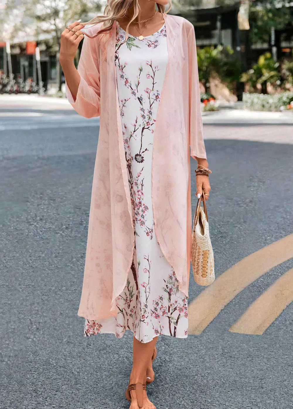 Pink Two Piece Floral Print Maxi Dress and Cardigan