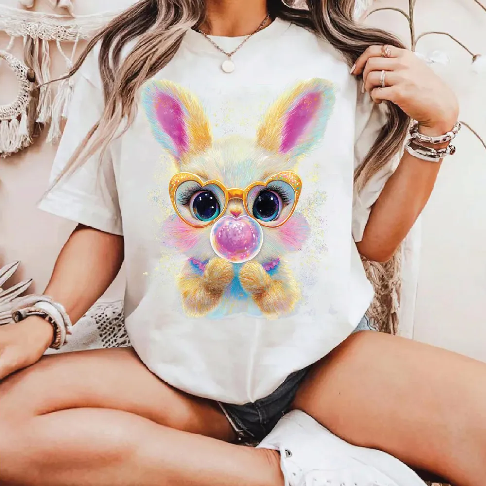Easter Bunny Printed Round Neck Short Sleeve T-Shirt