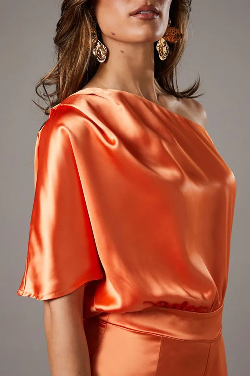 Casual Style One Shoulder Satin Orange Jumpsuit