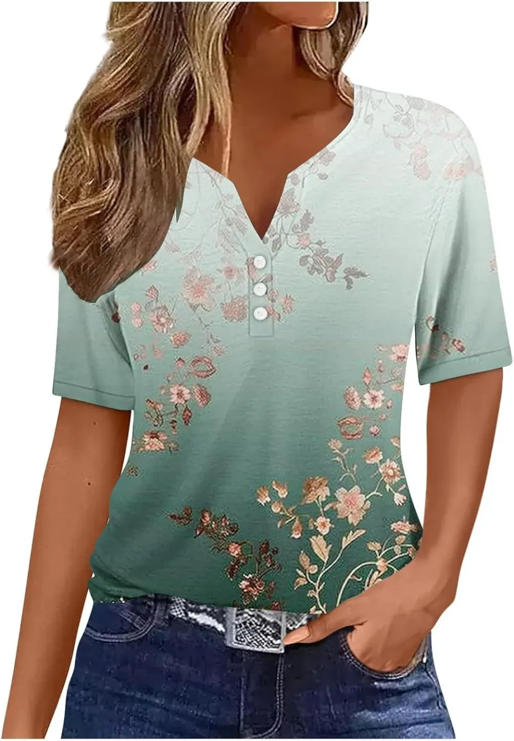 Shirts for Women Casual Printed Summer Tops Short-Sleeved Button V-Neck Tops Blouse Fashion Boho T-Shirts