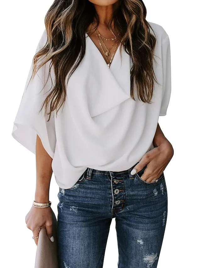 Women's Shirt Blouse Almond Black White Plain Long Sleeve Casual Basic V Neck S