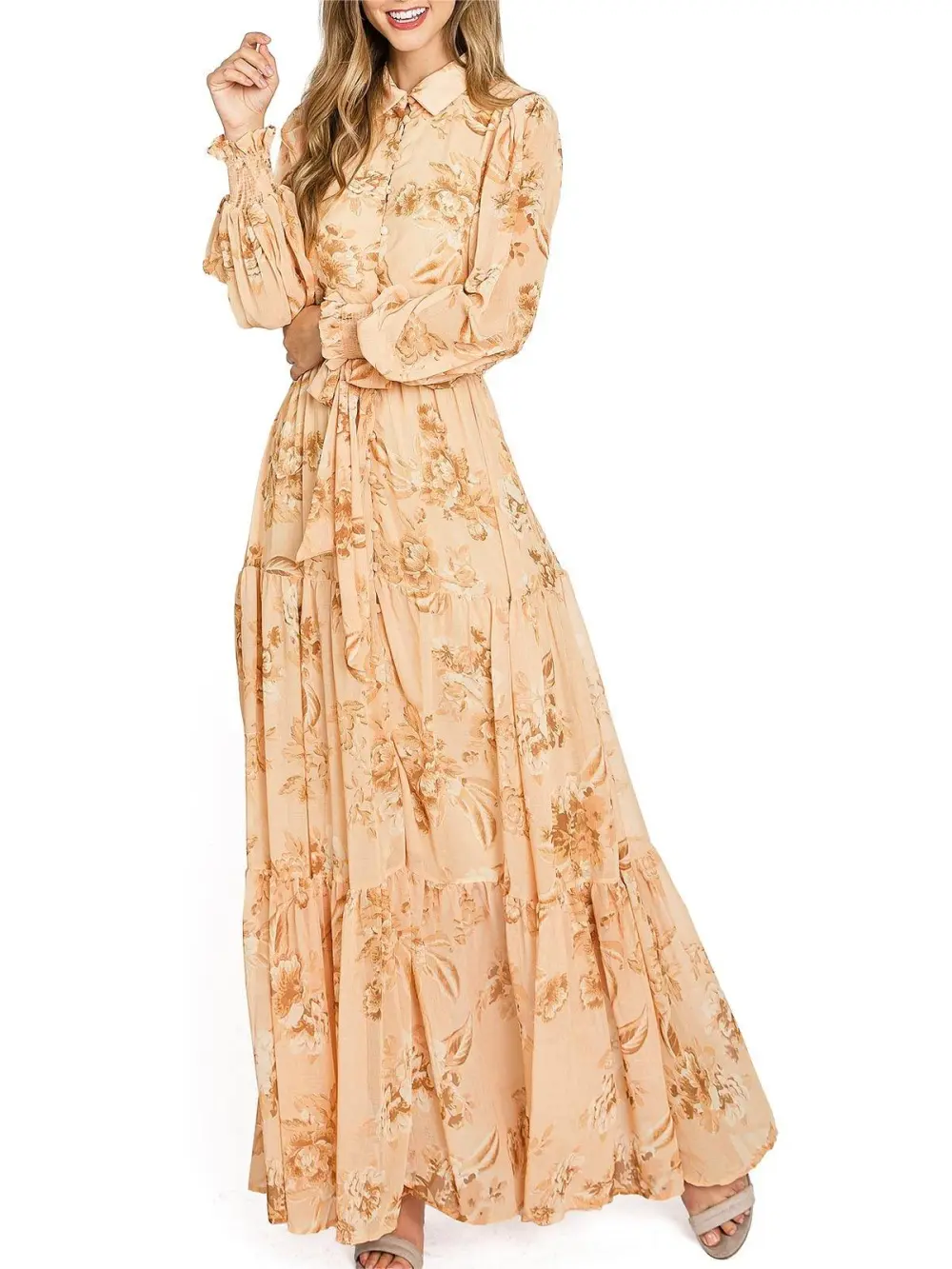 Apricot Floral Long - Sleeve Maxi Dress