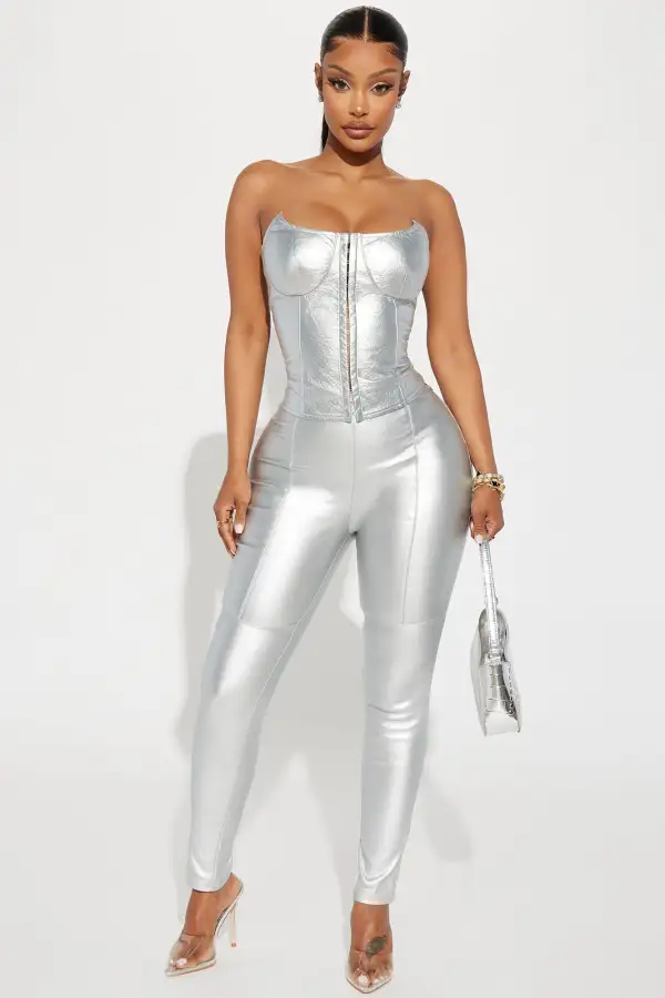 Never Too Extra Metallic Corset Top - Silver