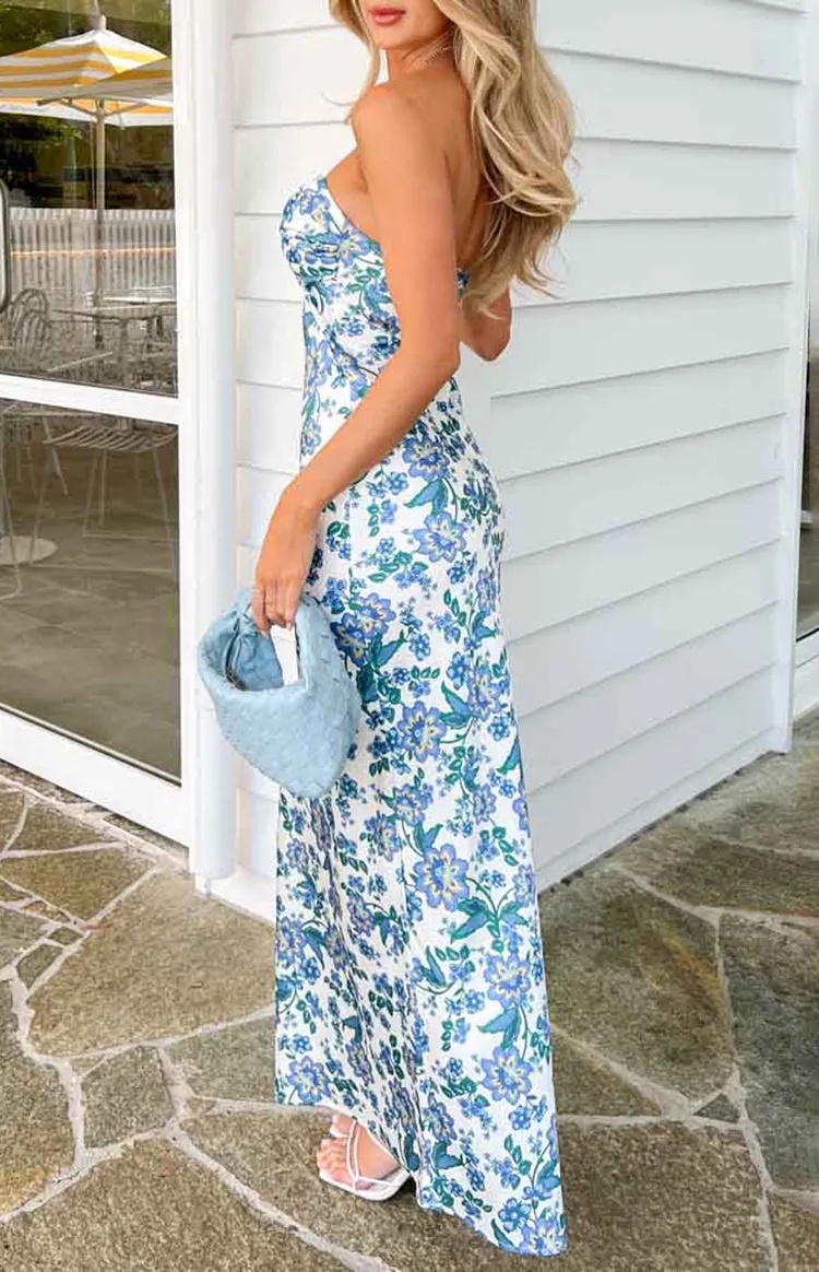 Blue Floral Print Strapless Formal Dresses