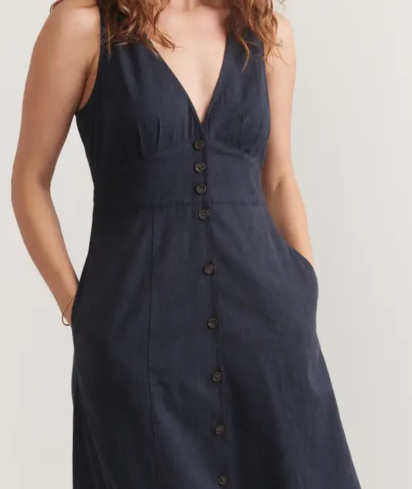 Navy Button-Down Sleeveless Midi Dress