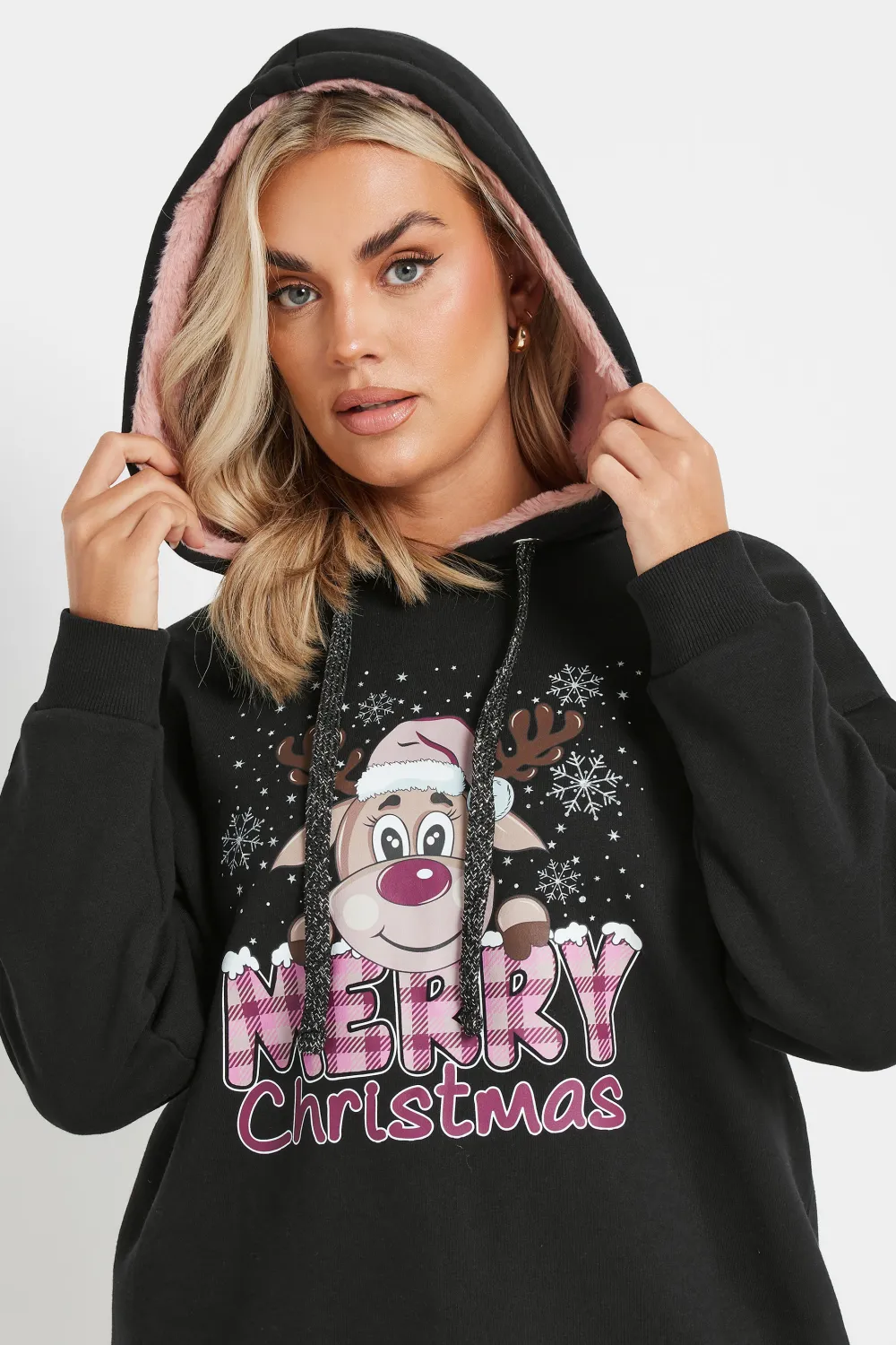 YOURS Curve Black 'Merry Christmas' Slogan Reindeer Print Hoodie