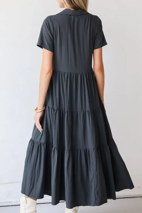 Stellar Sweetie Charcoal Tiered Maxi Dress