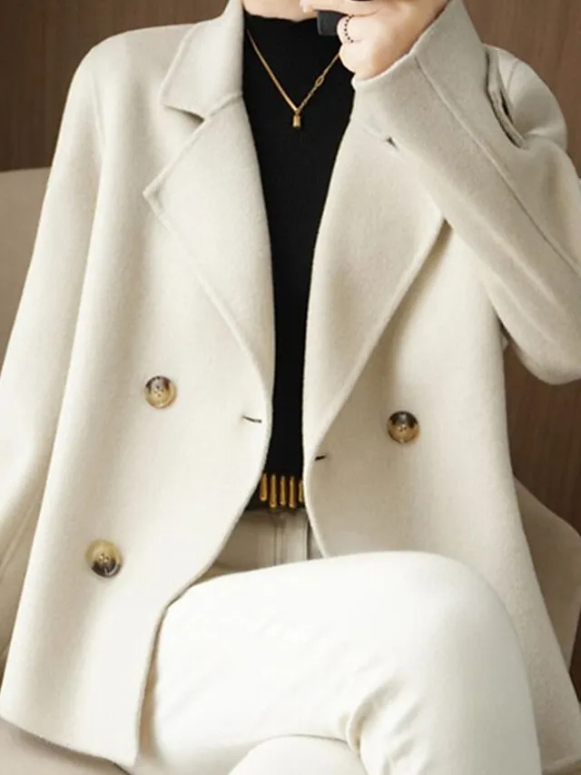 Women's Winter Blazer Coat Fall Double Breasted Lapel Jacket Wool Blend Short Coat with Pockets Warm Black White Camel