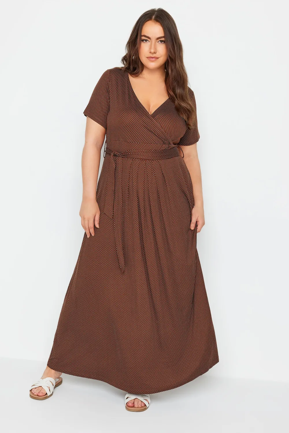 YOURS Curve Brown Dot Print Maxi Wrap Dress