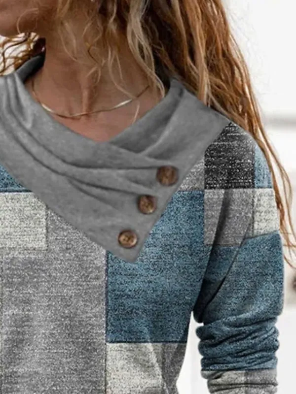 Women's T shirt Tee Red Navy Blue Blue Geometric Abstract Button Print Long Sleeve Casual Weekend Daily Basic Pile Neck V Neck Regular Fit Geometric Painting Fall & Winter