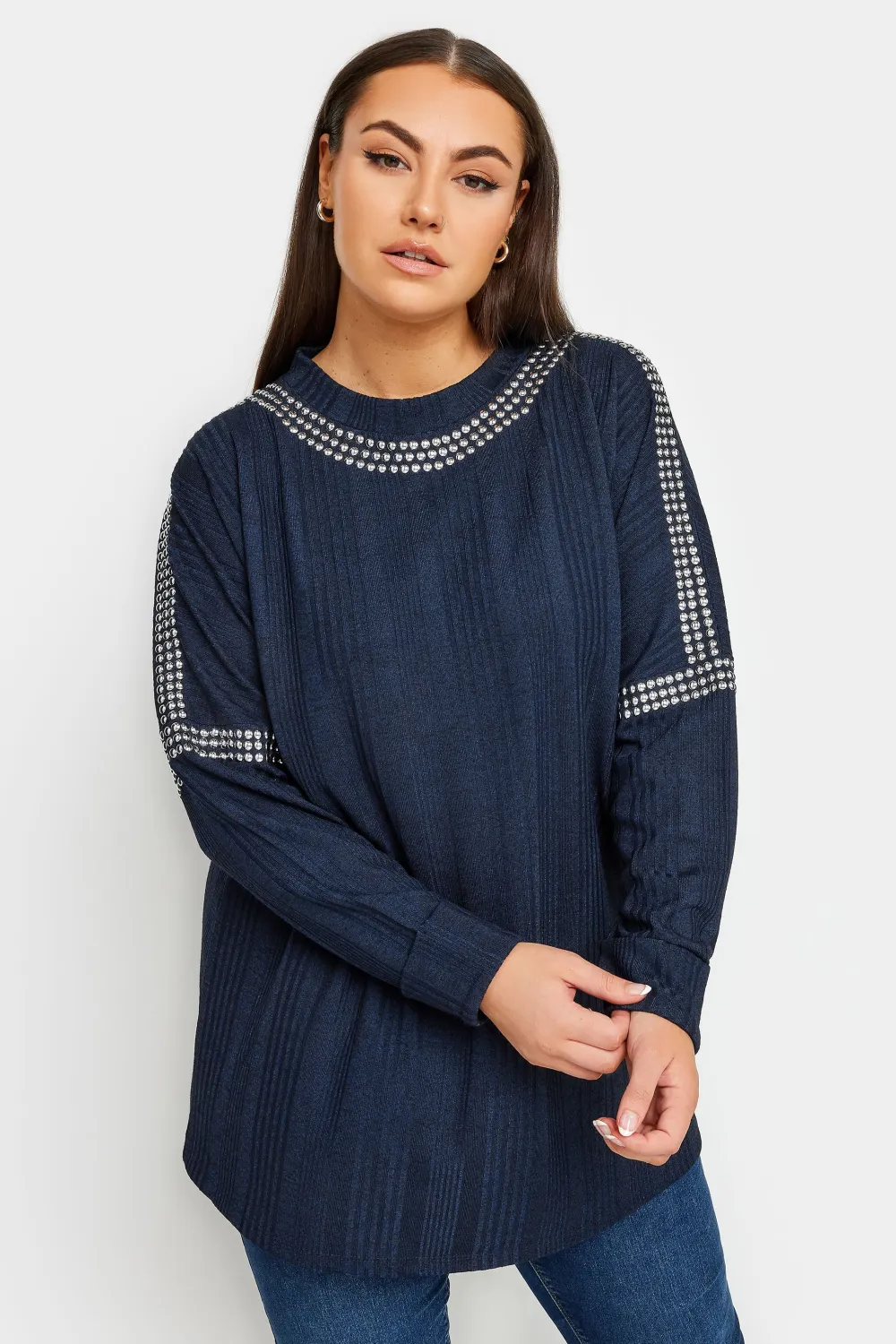 YOURS LUXURY Curve Navy Blue Stud Neckline Embellished Jumper