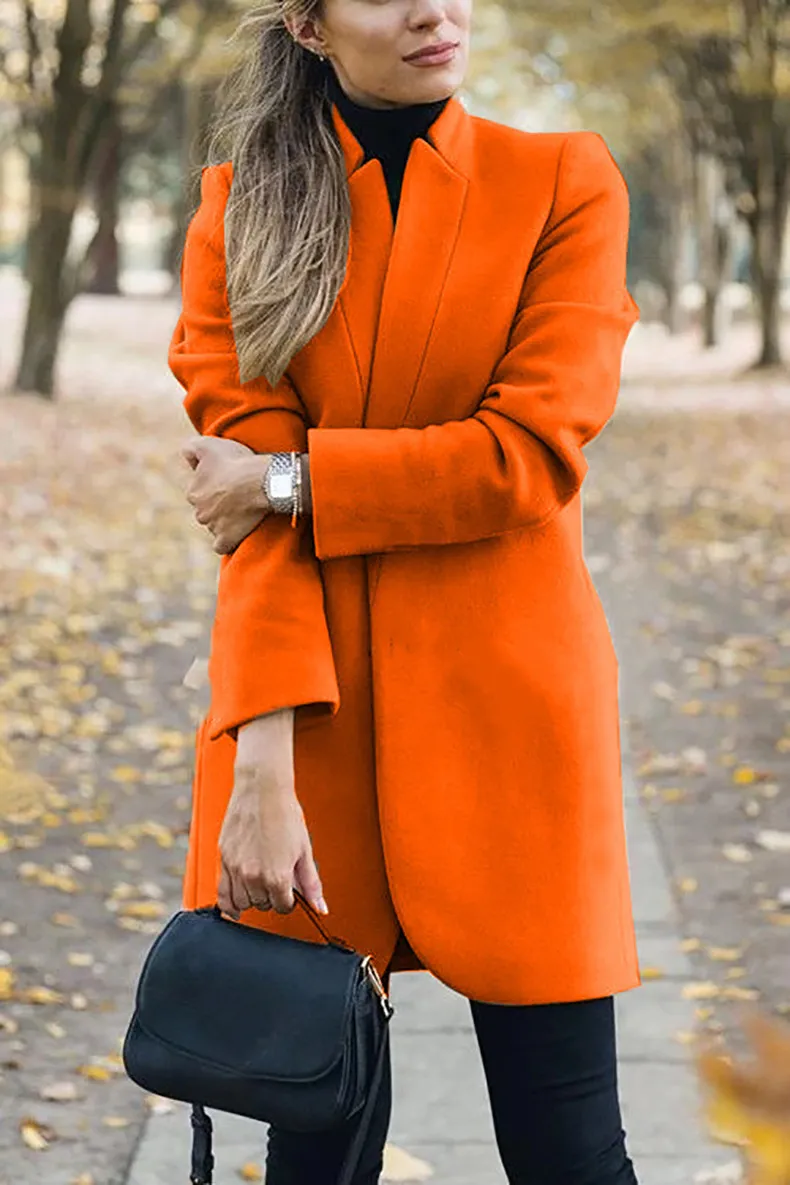 Solid standing collar slim long faux woolen coat