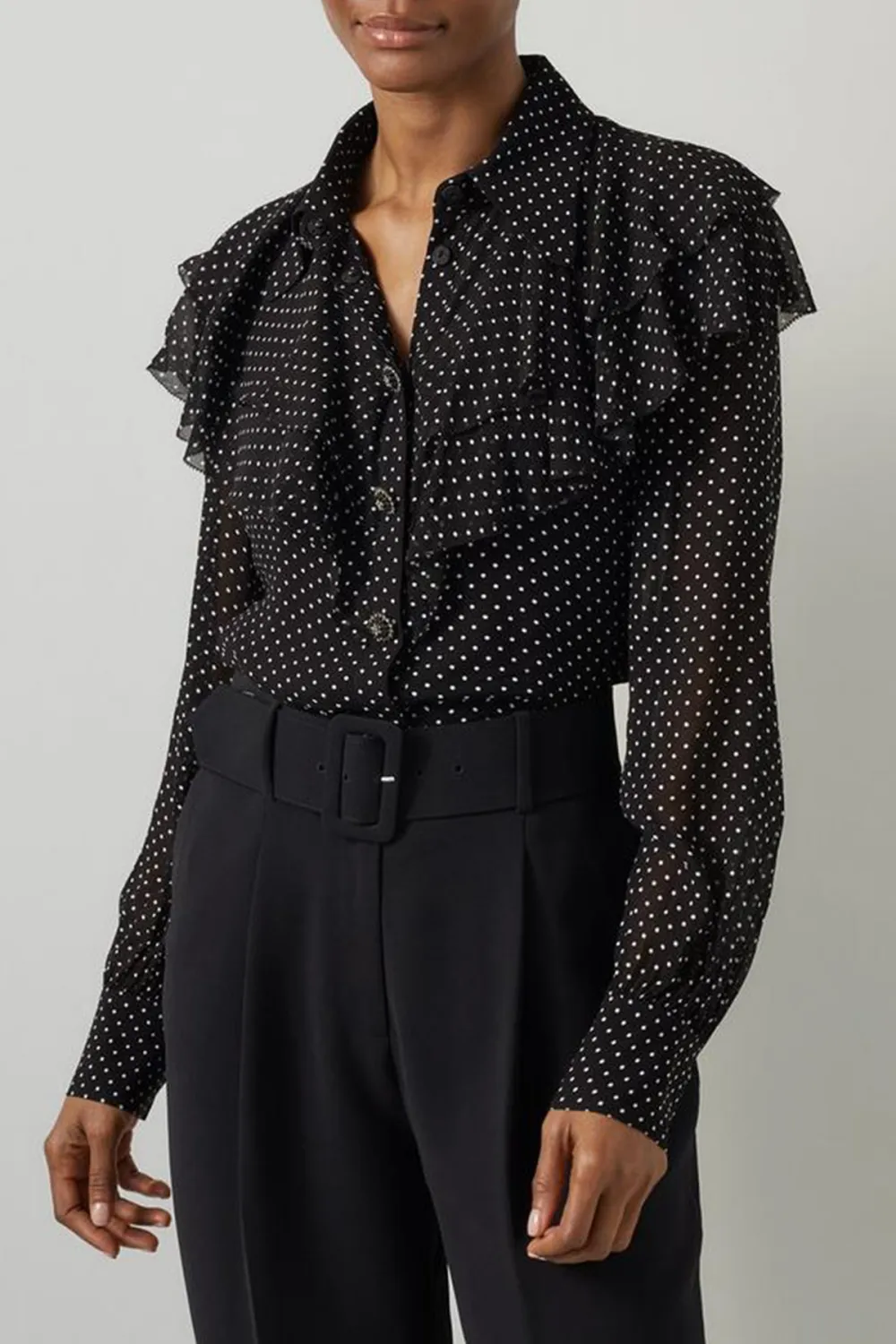 Black Polka Dot Ruffle Trim Long Sleeve Shirt