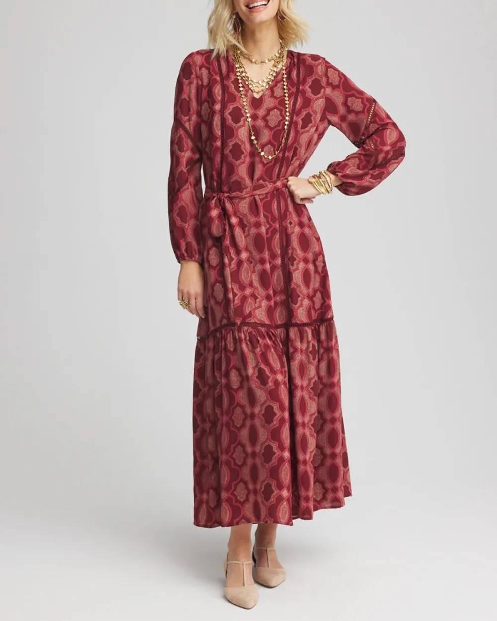 Red Patterned Long Sleeve Tiered Maxi Dress