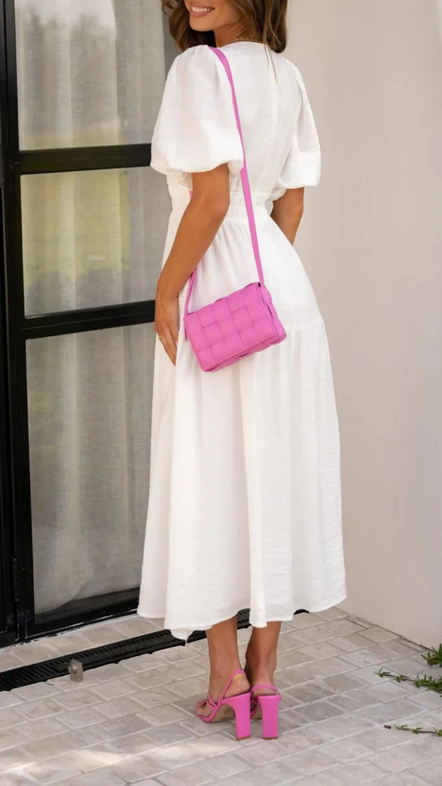 Solid Color Puffy Midi Dress