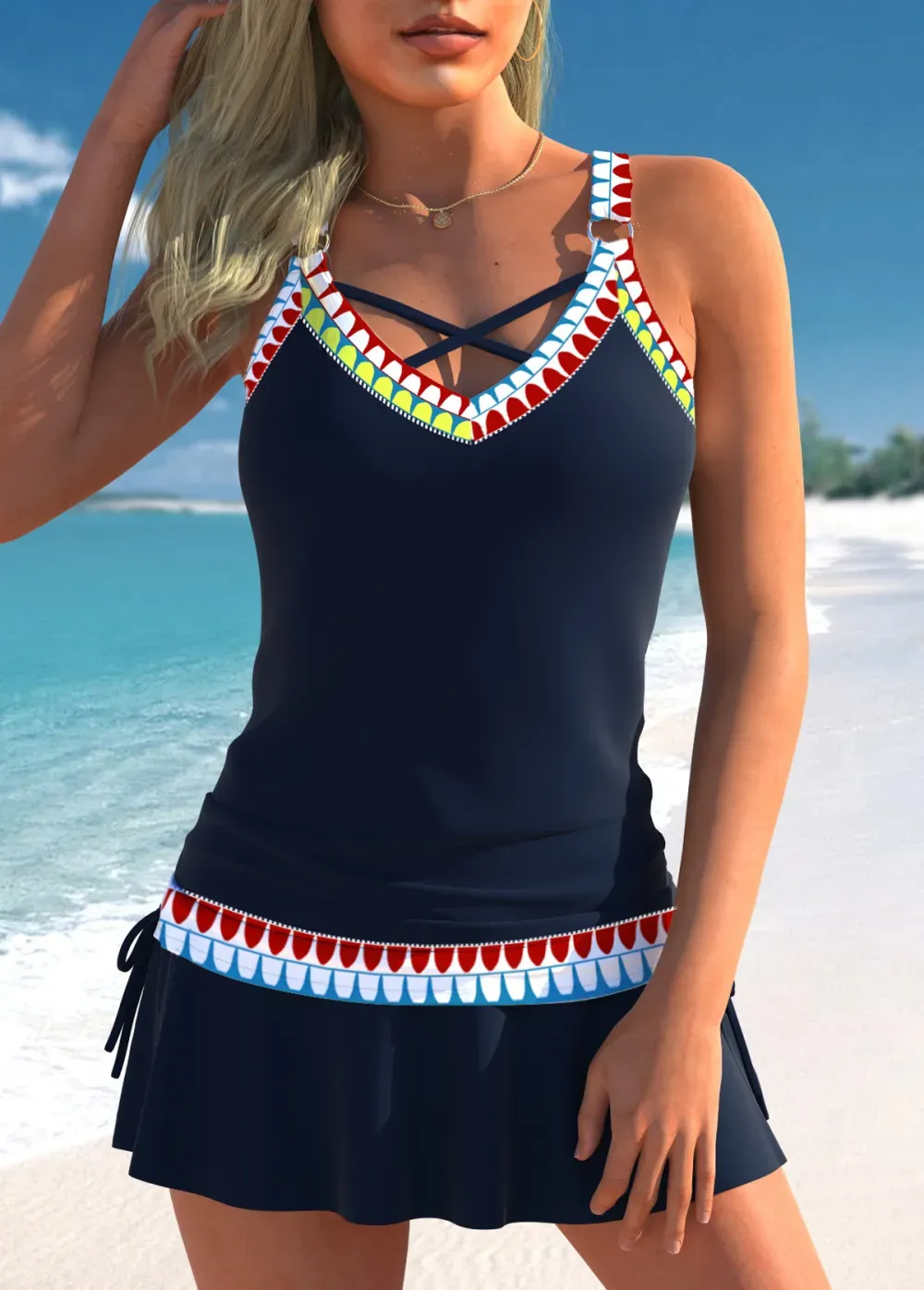Circular Ring African Tribal Print Navy Tankini Top
