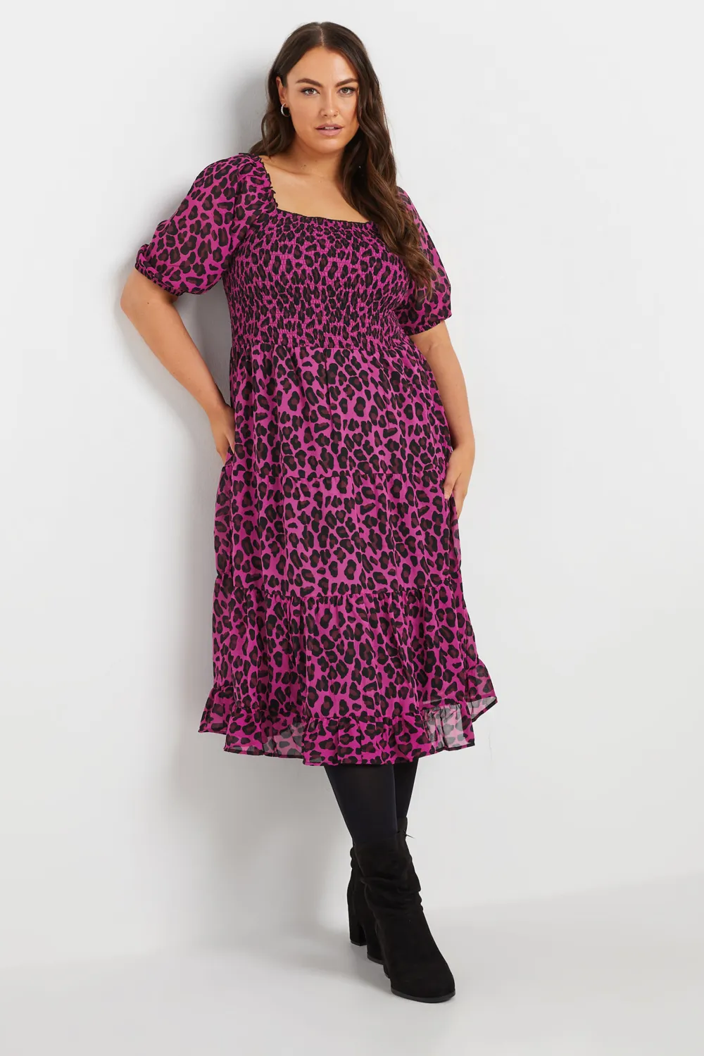 YOURS Curve Hot Pink Leopard Print Midi Shirred Dress