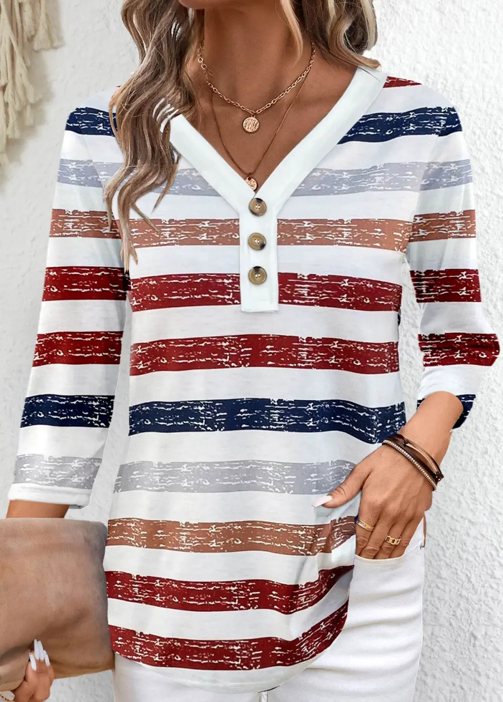 Multi Color Button 3/4 Sleeve V Neck T Shirt