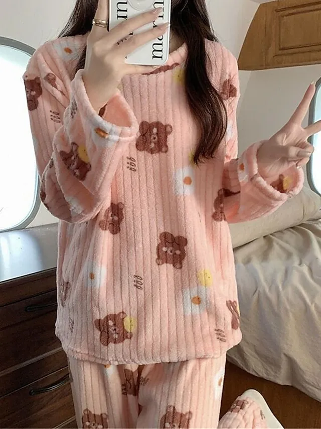 Women‘s Fleece Pajamas Sets Fluffy Fuzzy Warm Pajama Fruit Bear Plush Casual Comfort Home Daily Bed Coral Fleece Coral Velvet Warm Crew Neck Long Sleeve Pant Fall Winter Black bow Peach Pink