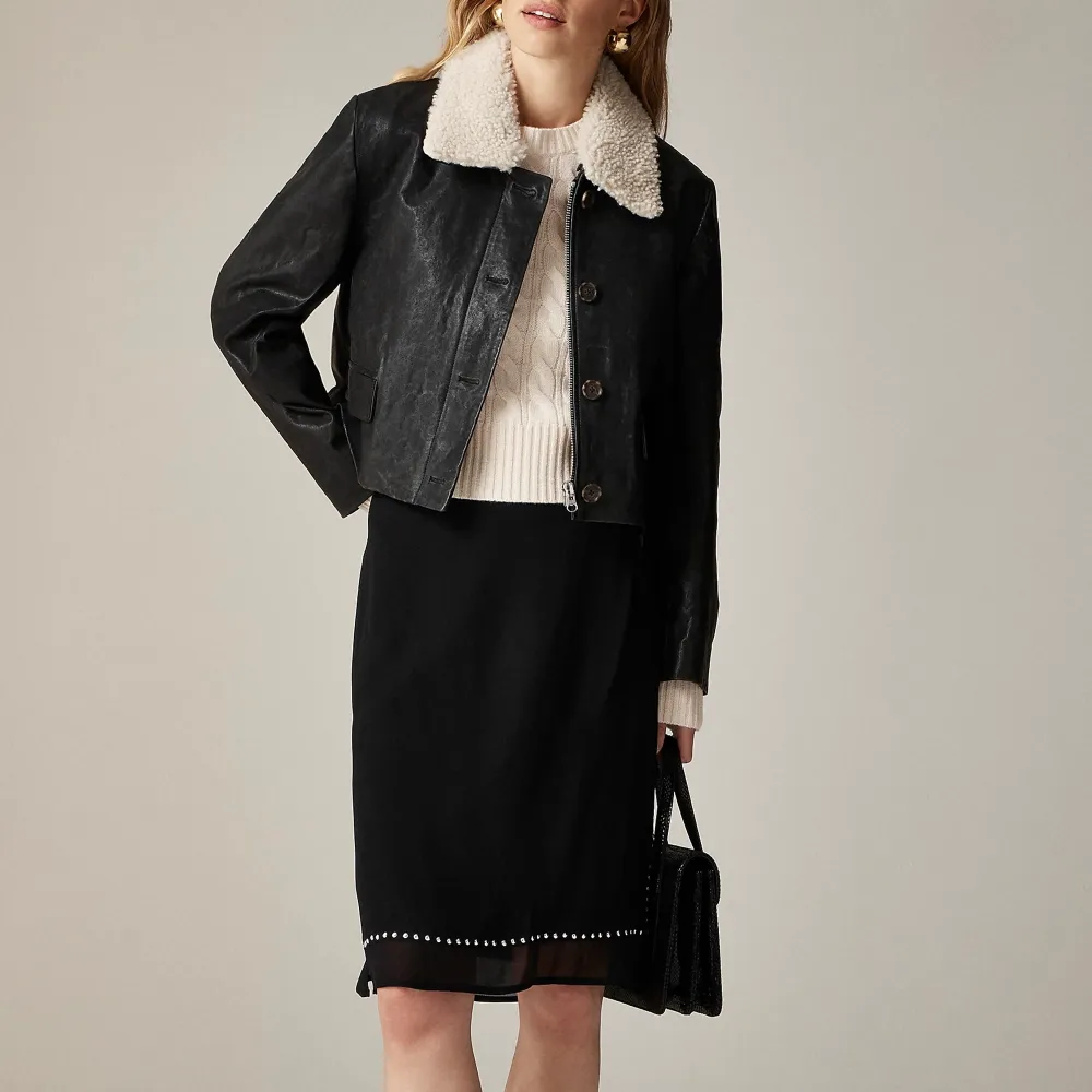 Cropped Leather Coats with Sherpa Collar