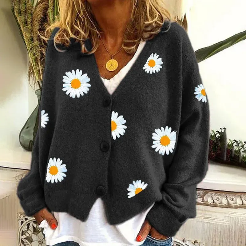 Vintage Single-Breasted Daisy Jacquard Sweater Cardigan