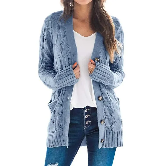Women's Cardigan Pocket Knitted Button Solid Color Casual Chunky Long Sleeve Regular Fit Sweater Cardigans Open Front Fall Winter Dark powder Blue Army Green