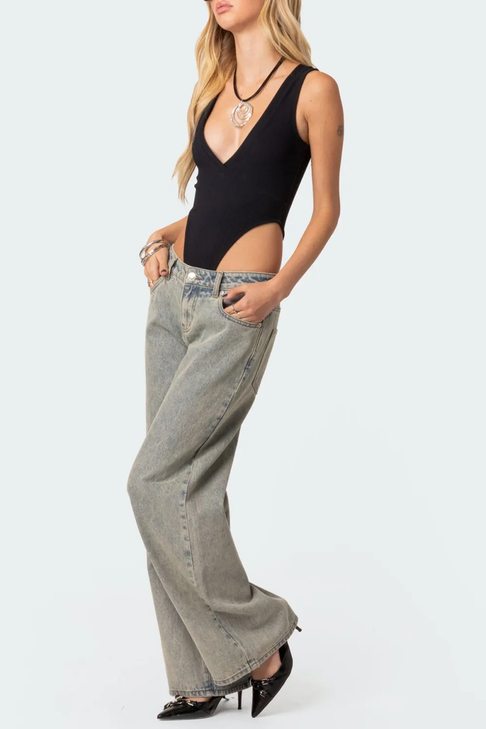 White High Cut Ribbed V Neck Bodysuit