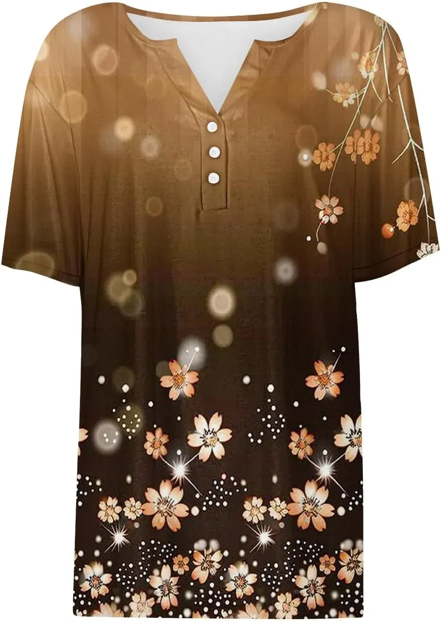 Shirts for Women Casual Printed Summer Tops Short-Sleeved Button V-Neck Tops Blouse Fashion Boho T-Shirts