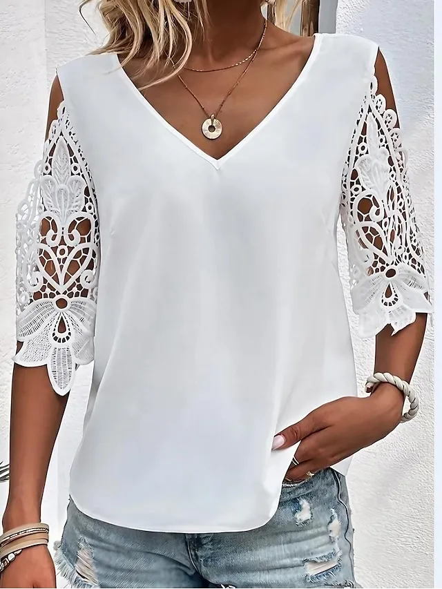 Women's Blouse White Pink Blue Plain Lace Cut Out Half Sleeve Daily Weekend Fashion Basic Elegant V Neck Regular Fit