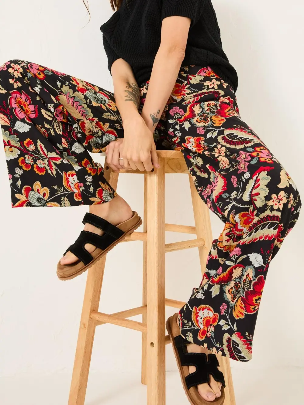 Black Floral Wide Leg Trousers