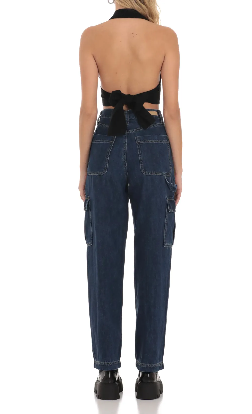 Wide Leg Cargo Jeans in Dark Denim