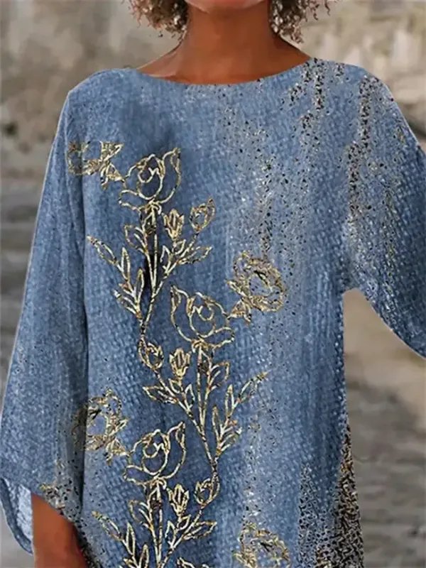 Women 3/4 Sleeve Scoop Neck Printed Colorblock Women Tops