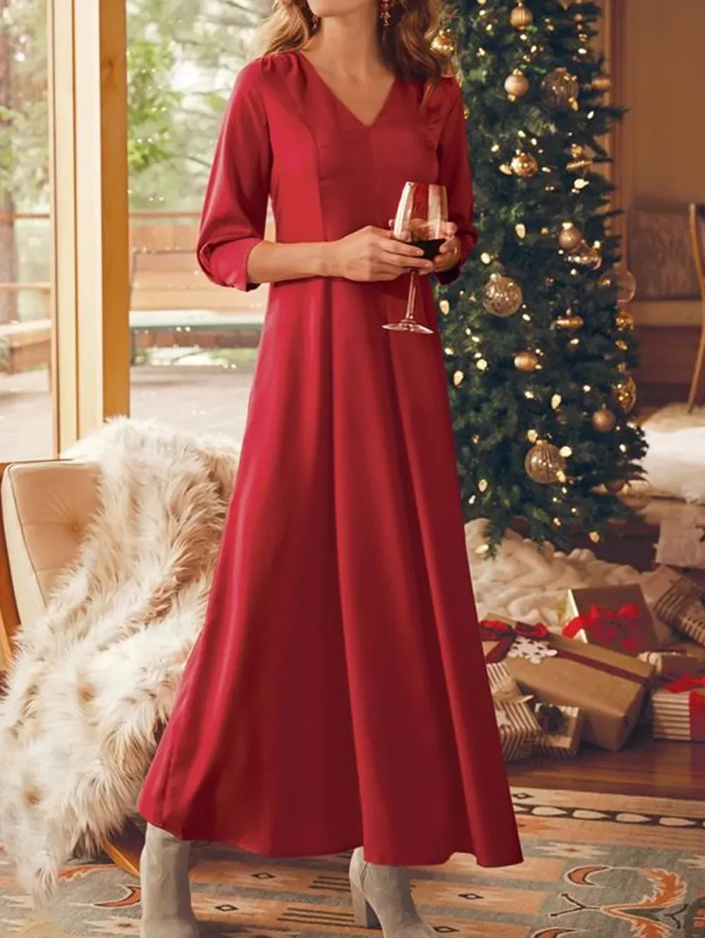 Christmas Elegant Plain V Neck 3/4 Sleeve A-Line Midi Dress