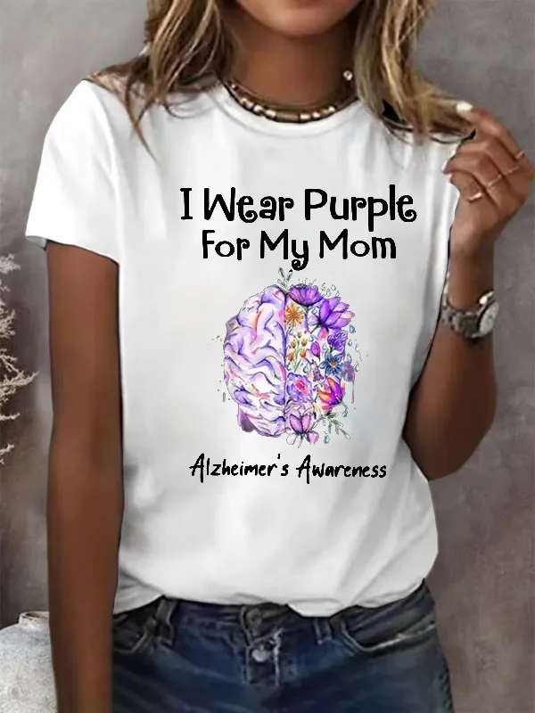 Women'S I Wear Purple For My Mom Alzheimer'S Awareness Support Round Collar Tee