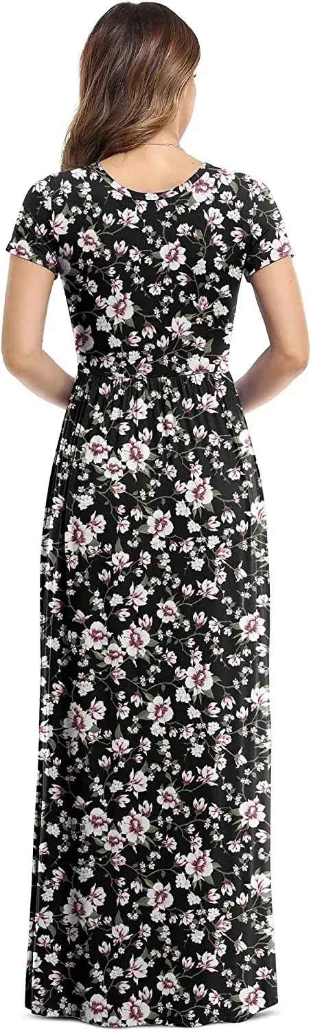 Women's Short Sleeve Loose Plain Maxi Dresses Casual Long Dresses with Pockets