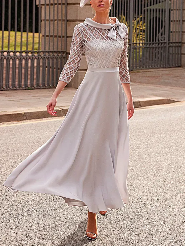 Round Neck Mesh Solid Color Midi Dress