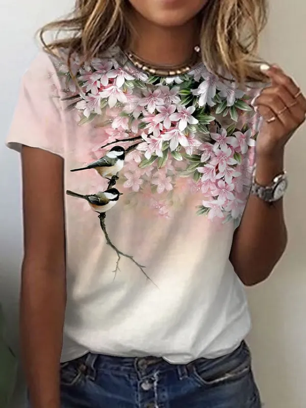 Women's T shirt Tee Floral Bird White Pink Green Print Short Sleeve Casual Daily Vacation Vacation Daily Basic Round Neck Regular Fit