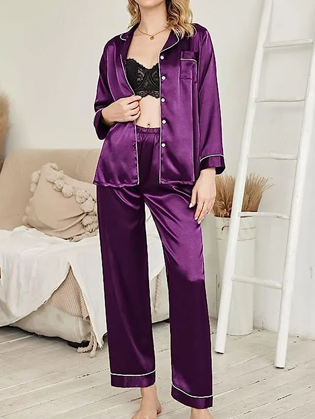 Women's Satin Silk Lounge Sets Satin Pajama Sets Pure Color Fashion Casual Comfort Home Daily Bed Satin Breathable Lapel Long Sleeve Shirt Pant Button Pocket Summer Fall Black White