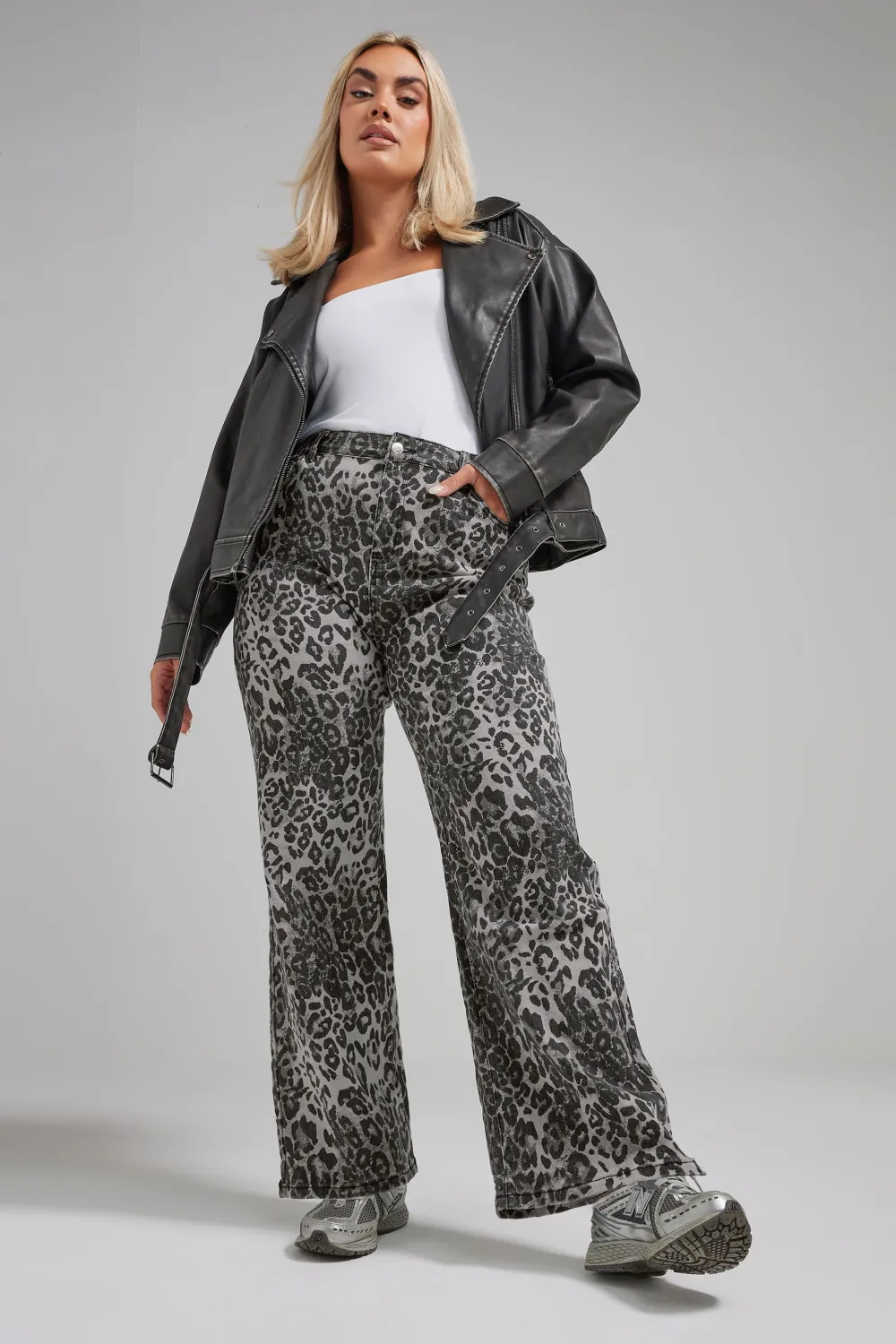 LIMITED COLLECTION Curve Grey Leopard Print Wide Leg Jeans