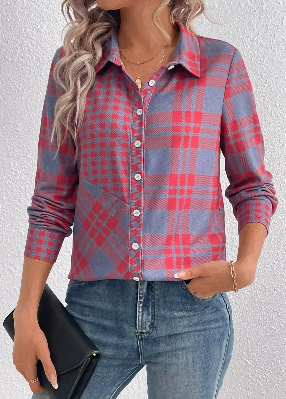 Red Button Plaid Long Sleeve Shirt Collar Blouse