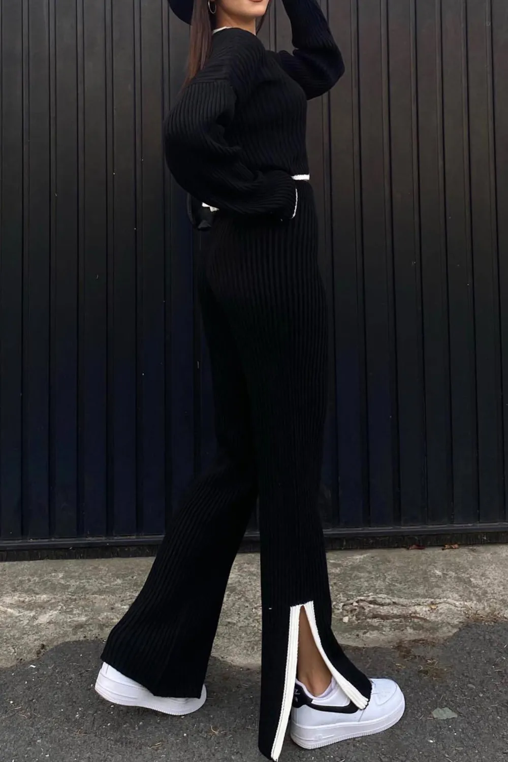 Contrast Ribbed Knit Crop Top Slit Long Pants Set