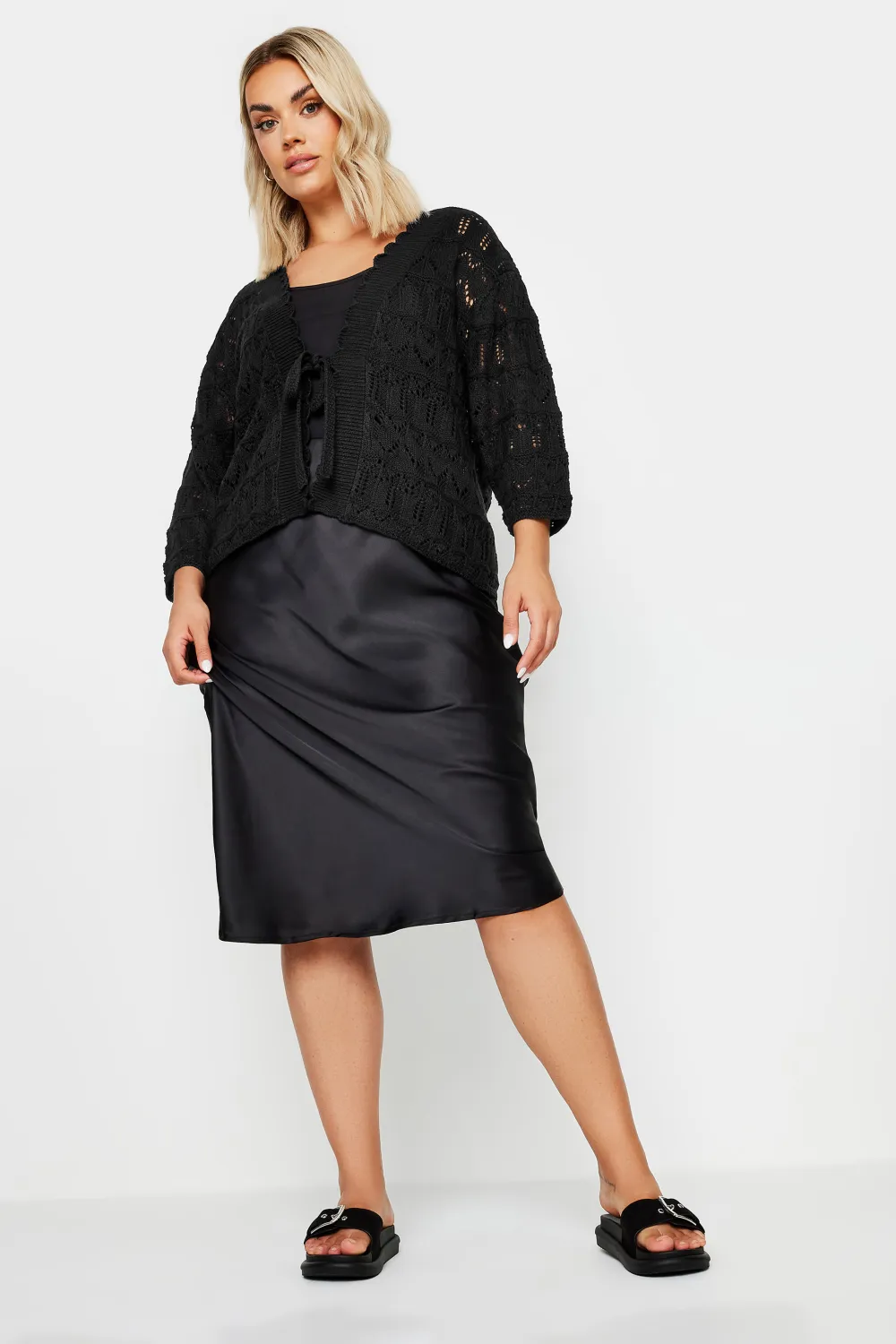 YOURS Curve Black Crochet Tie Front Shrug