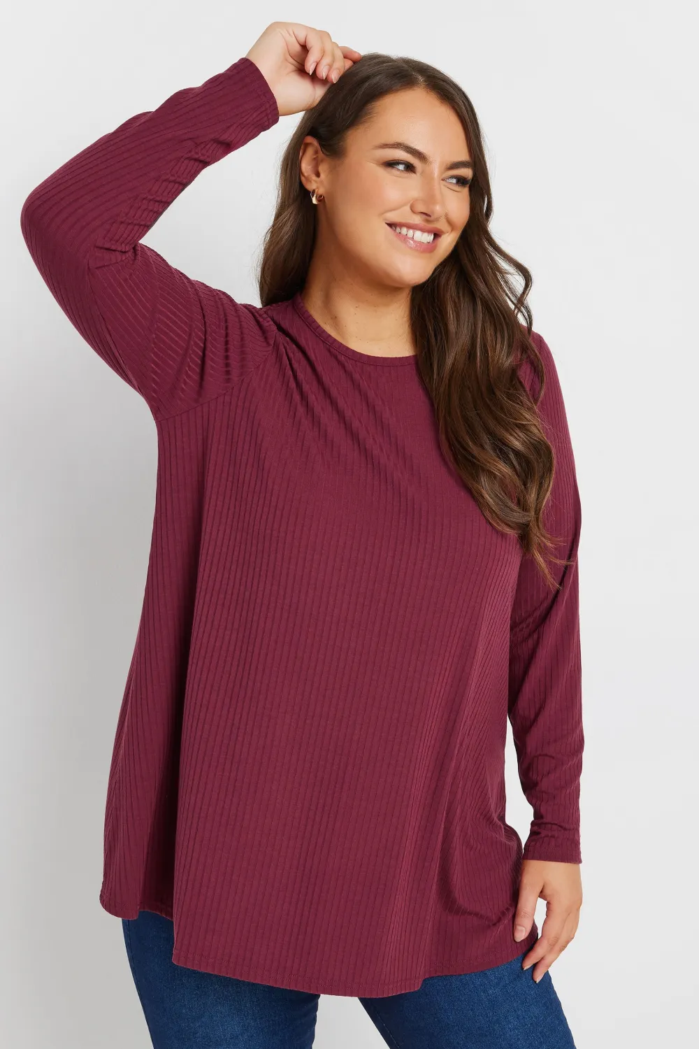 YOURS Curve Black Long Sleeve Ribbed Swing Top