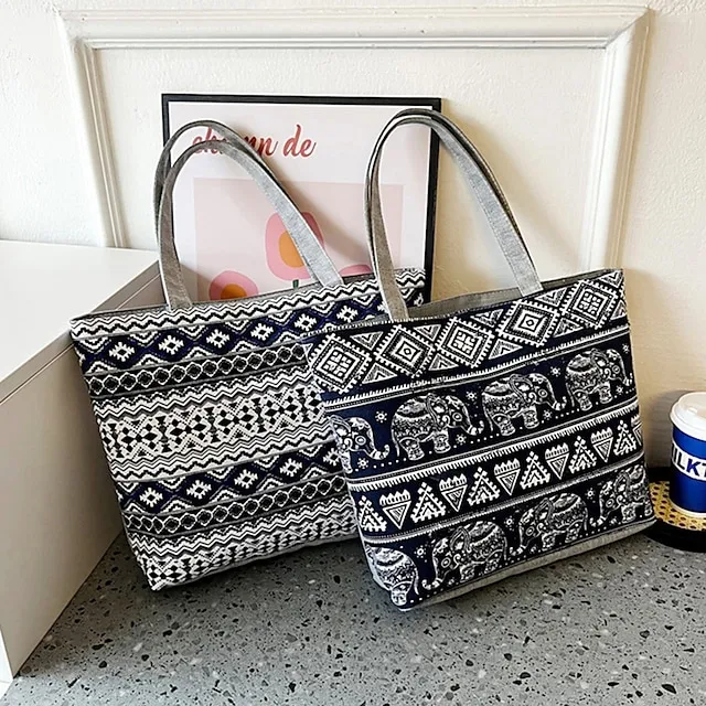 Women's Tote Shoulder Bag Canvas Tote Bag Canvas Shopping Daily Zipper Large Capacity Foldable Lightweight Striped Patchwork Folk Red stripes Red square Black square