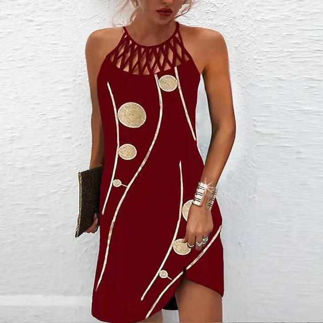 Women's Casual Dress Halter Neck Dress Midi Dress Leopard Black Wine Sleeveless Geometric Cut Out Summer Spring Halter Fashion Vacation 2023 S M L XL XXL 3XL