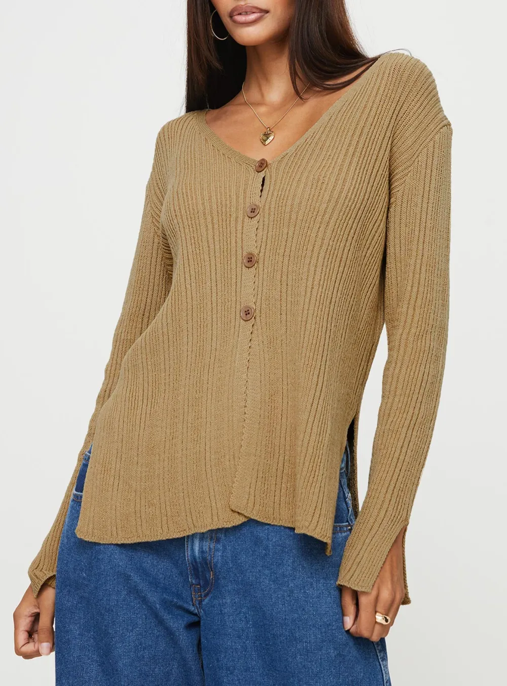 Beige Slit Knitted Cardigan