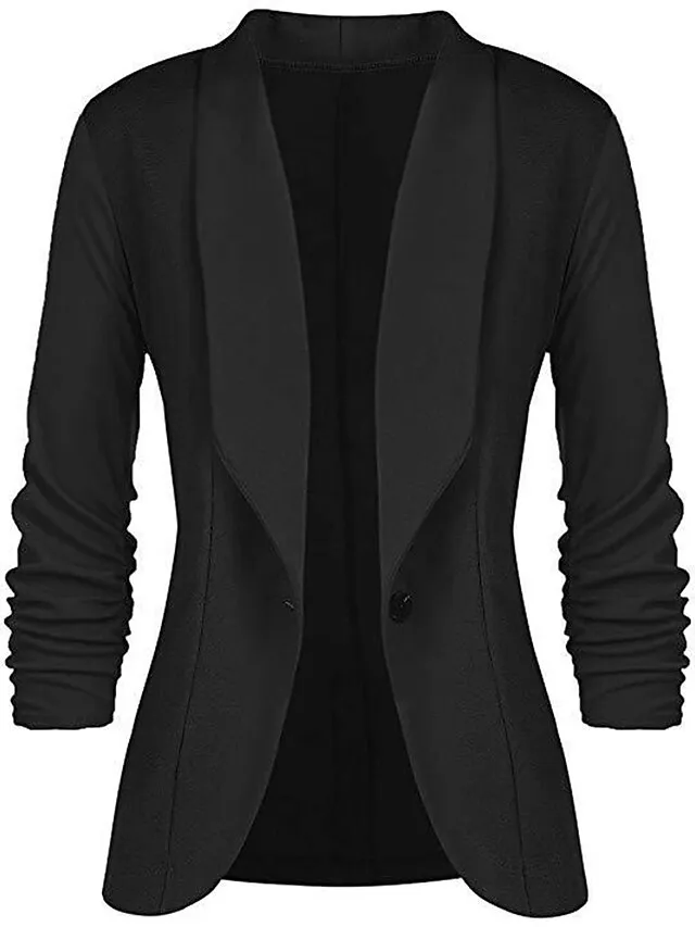Women's Blazer Formal Office Jacket Open Front Button Plain Windproof Streetwear Pink Regular Fit Outerwear Long Sleeve Spring Navy S