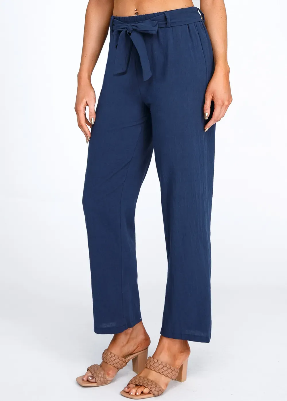 Navy Bowknot Belted High Waisted Pants